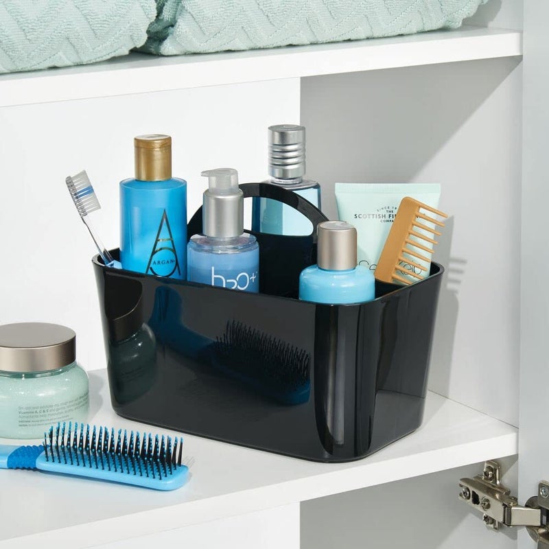 mDesign Small Plastic Shower/Bath Storage Organizer Caddy Tote with Handle for Dorm, Shelf, Cabinet - Hold Soap, Shampoo, Conditioner, Combs, Brushes, Lumiere Collection, Black - Image 2